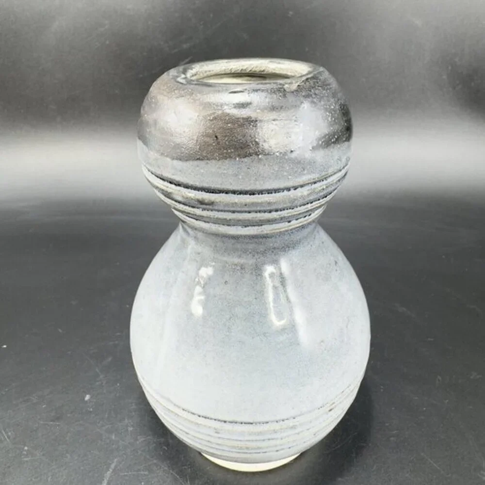 Primitive Style Art Pottery Bud Vase Round Bottom‎ Gray Black Lines Glaze Vase